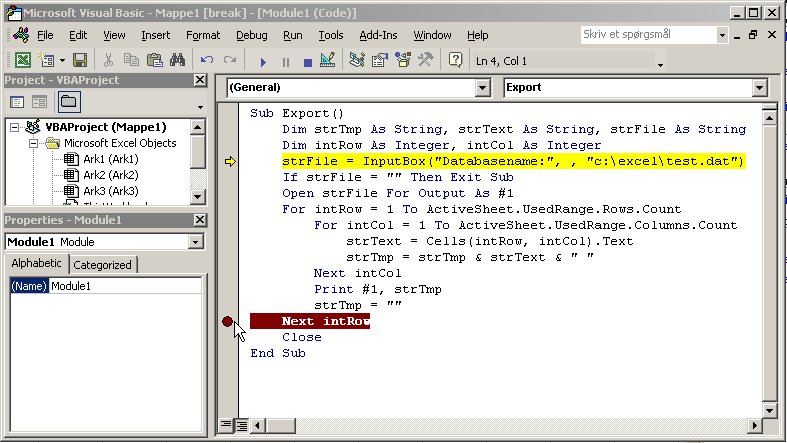 Excel VBA kursus - VBA breakpoints - fjernundervisning