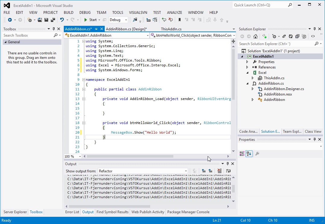 Hello world addin kode